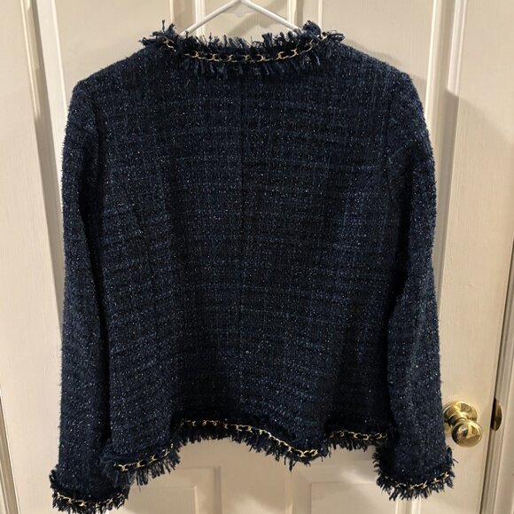 Boston Proper Parisian Navy Blue Shimmer Tweed with Gold Chain Trim Jacket 12 - Picture 5 of 9